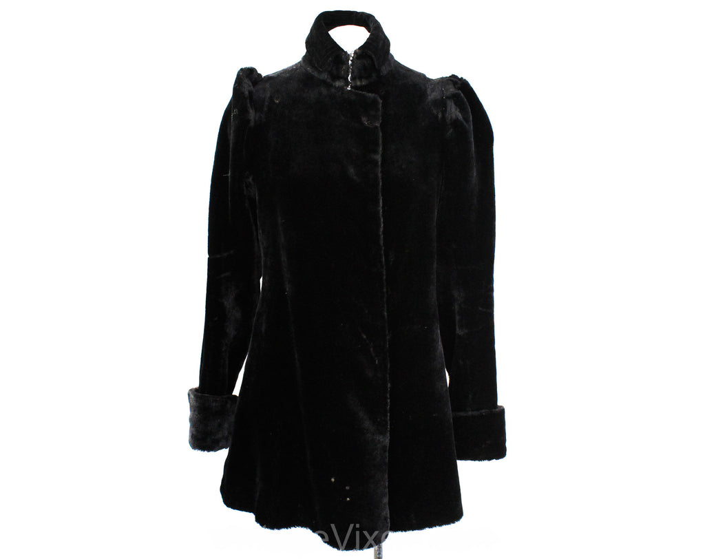 Size 8 Antique Faux Fur Coat - Black 1900s Edwardian Jacket - Full Sleeves & Standing Collar - Full Flared Skirt - Steampunk Goth - Bust 35