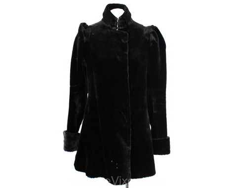 Size 8 Antique Faux Fur Coat - Black 1900s Edwardian Jacket - Full Sleeves & Standing Collar - Full Flared Skirt - Steampunk Goth - Bust 35