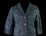 Size 8 1950s Blue Roses Suit - Beautiful Embroidered Floral Wool - 50s 60s Tailored Jacket & Skirt - Medium Mid Century Femme - Waist 26.5