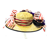1940s Straw Picture Hat with Violet Flowers & Pink Striped Ribbon - 40s Spring Wide Brim Millinery - Estate of Hollywood Star Gladys Glad