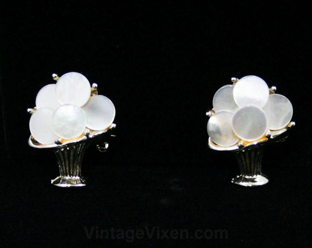 60s Flower Basket Scatter Pins - 1960s Mother of Pearl Baskets - Pair of Two Petite Pins - Identical Shell & Silvertone Metal - Mint - 42528