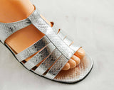 Size 5 Sandals - Silver 1970s Strappy Shoes - Metallic Snakeskin Pattern - Ankle Strap Heel - Open Toe - 70s Deadstock - 5 M - 47872-3