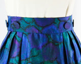Size 10 Watercolor Print Silk 50s Skirt - Jeweltone Colors Sapphire Blue, Emerald Green, & Amethyst Purple - 1950s Buttons - Waist 28