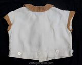 Girls 1930s Romper Top - Size 3T Authentic 30s Child's Linen Shirt - Cocoa Brown & White Short Sleeve Summer Blouse with Cutwork - Chest 26