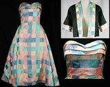 Size 2 Pin Up 50s Dress - Luxurious Pastel Plaid Silk Satin Strapless Cocktail & Reversible Jacket - XS 1950s Party Dress - Waist 24 - 40588