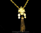 Victorian Revival Necklace by Richelieu - Antique Style Pendant - 60s 70s Faux Pearl Cabochon with Metal Tassel - Red Blue Green Gold White