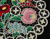 1930s 40s Embroidered Lace Centerpiece - Hand Sewn German European Embroidery - Round Doily Handmade Lace - Red Pink Green Blue Botanical