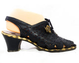 Size 8 1930s Shoe - As Is 30s 40s Black Leather with Deco Cutout Dots & Zig Zag - Lace Up with Faux Snake Tassels - 8AAA Narrow Peep Toe