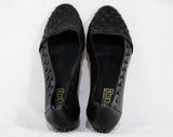 Size 6.5 Leather Shoes - Boho Black Huarache Style Design - 1990s Nearly Navy Blue Woven Lattice Pumps - Made in USA - 90s Deadstock 6 1/2 M