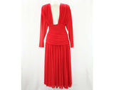 Size 8 Goddess Dress - 1990s Hot Red Jersey Knit Cocktail Dress by Kira - Slinky Wrap Style Swags & Draping - Long Sleeve - Bust 36 - 41779