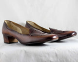 Size 9 60's Shoes - Unworn Mod 1960s Leather Pumps - 9 AA Narrow - Dark Brown Herringbone Woven Leather Shoe - Fall Autumn NOS 60s Deadstock
