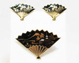 60s Asian Fan Brooch & Earrings - Black and Goldtone Metal Pin - 1960s Screwbacks - Far East Office Jewelry Gift - Mint Condition - Giftable