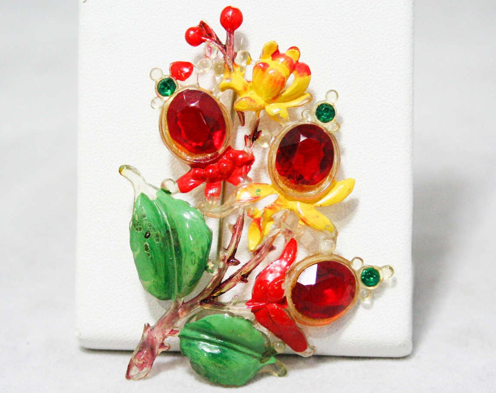 Shabby Sweet 1940s Flower Brooch - Columbine Flowers - Bleeding Hearts - Charming Meadow Style - 40s Plastic Hand Painted Pin - Rhinestones