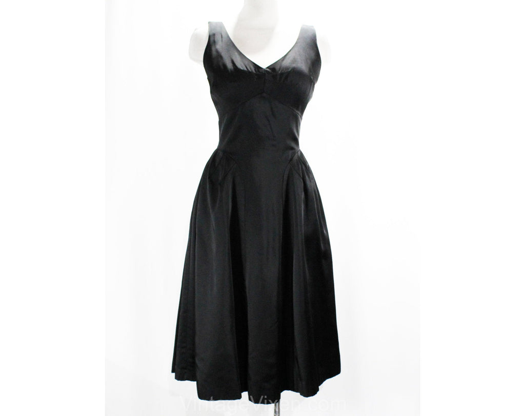 Size 6 Black Satin 50s Cocktail Dress - 1950s Party - Sculpted Architectural Details - Beautiful Fit & Flare Ballerina Silhouette - Bust 34