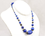 1930s Freckled Blue Glass & Brass Filigree Necklace - 30s 40s Jewelry on Dainty Chain - Fine Metallic Sparkle Cornflower Beads - 50384