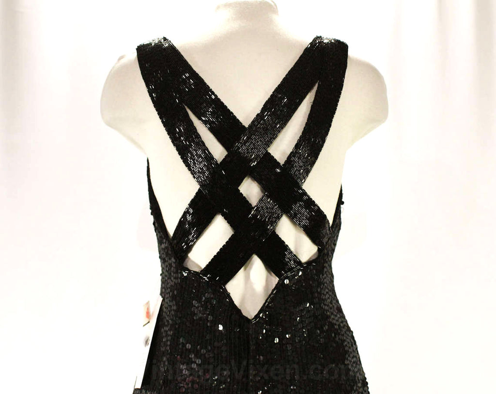 Size 8 Black Cocktail Dress - 1990s Black Beads Sequins & Silk - Bias Vintage Vixen Clothing Size 8 Black Cocktail Dress - 1990s Black Beads Sequins & Silk - Bias Vintage Vixen Clothing