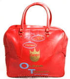60s Red Tote Bag - Mod Travel Luggage - 1960s World Traveler Flight Suitcase - Mid Century Print Vinyl Travel Agency Logo - Two Handle Bag