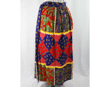 Size Medium 1970s Patchwork Skirt - Hippie Maxi Length - Wrap Style - Paisley - Polka Dot - Daisies - Red & Blue - Waist to 29 - 44101