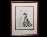 1930s Fashion Illustration - Pen & Ink Original Framed Art - 30s Evening Gowns Picture by Mildred Davis - Chic Ladies Clothing Illustrator