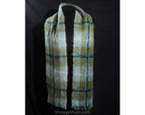 Plaid Mohair Scarf - Sage Green & Blue Artisan Style Woven Wrap - Douglas Tartan 1960s Shawl Made in Scotland - Rectangular Fuzzy Wool