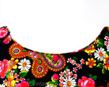 Size 6 Paisley Butterfly Maxi Dress - Bohemian 70s Sleeveless Ankle Length Gown - Black Green Pink Orange Psychedelic with Velvet - Bust 35