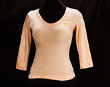 Girl's Size 12 Shirt - 1970s Plush Peach Velour Top - Roller Derby Style 70s 80s Retro Spring 3/4 Sleeve - Ladies XXS - Bust 28 to 29