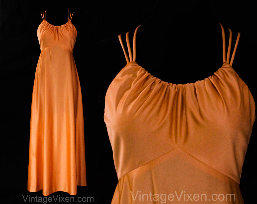Small 1970s Peach Evening Dress with Triple Straps - Sexy Size 6 Summer Gown - Sun Kissed Terracotta Silky Jersey - 70s Glamour - Bust 34.5