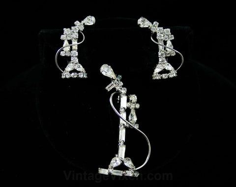 Old Fashioned Telephone Jewelry - 1950s Novelty Pin & Earrings - Rhinestones - Receptionist Look - Secretary Style - Glam - Sparkly -42427