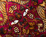 1960s Cotton Print Fabric - 2.5 Yards Burgundy & Brown India Print - Continuous Yardage - 60s 70s Bohemian Grapes Angel Wings Novelty Print