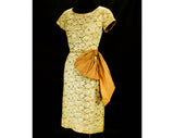 Size 8 Short Sleeve 50s Lace Dress - Elegant 1950s Mid Century Fitted Cocktail - Beige Floral & Toffee Brown Silk Organza Swag - Waist 27