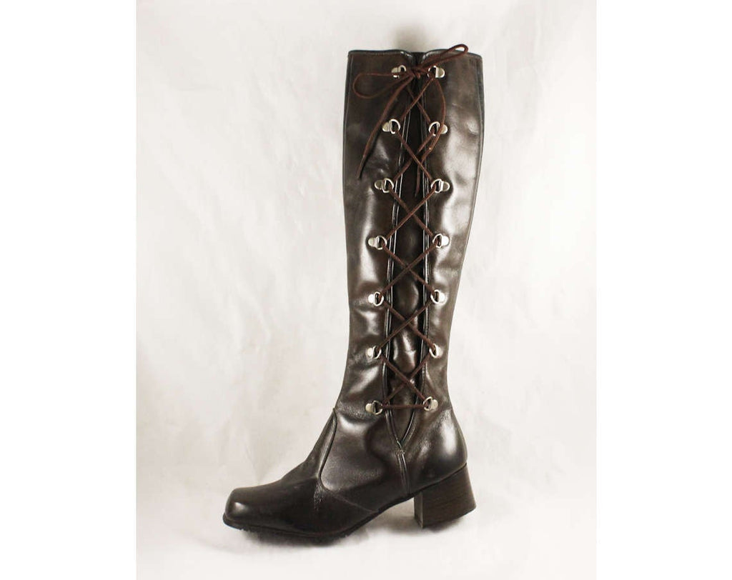 Size 5 Brown Boots with Lace Up - Unworn 60s Go Go Boot - Genuine Dark Brown Leather - Mod Biker Girl 1960s Street Chic - NOS Deadstock