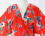 Size 10 Hawaiian Wrap Beach Jacket - 1980s Red Hibiscus Print - 80s Summer Tropical Open Front Cover Up - Made in Hawaii - Bust up to 50