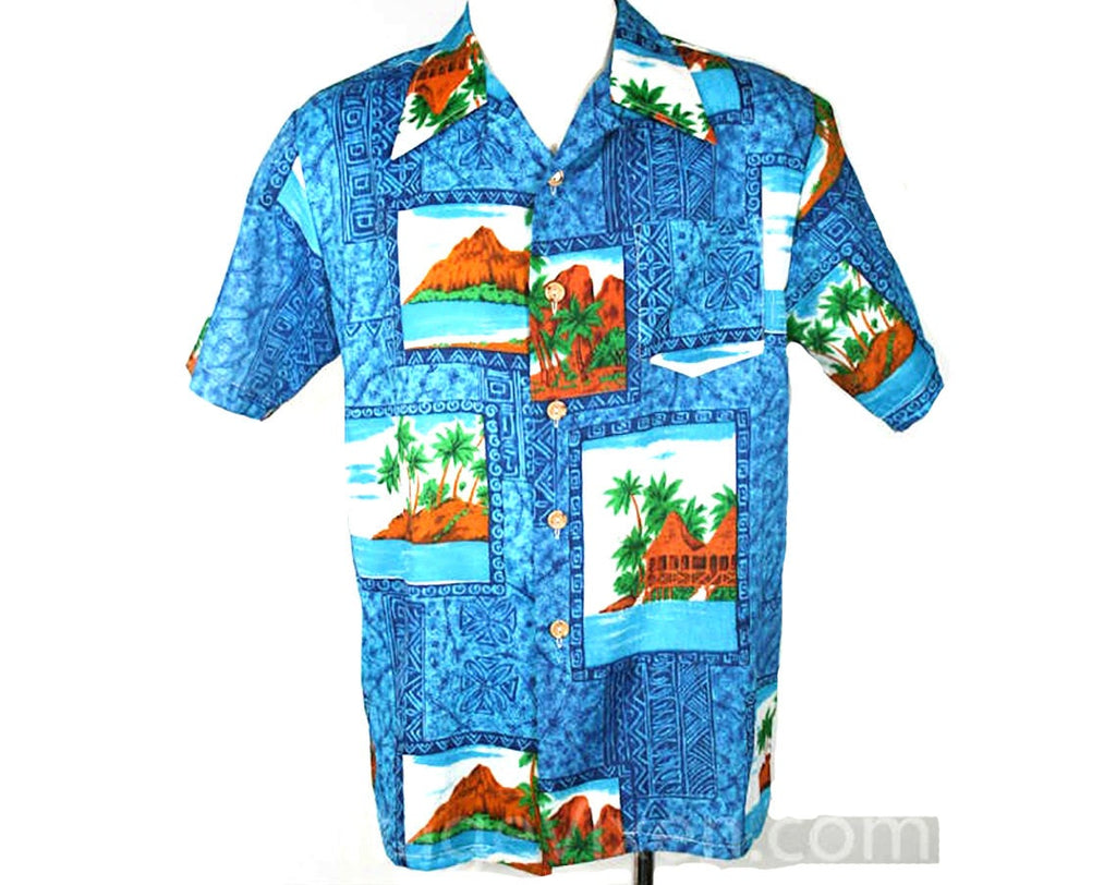 Men's Medium Shirt - Vacation Pictures Novelty Print 1960s Islander Shirt - 60s Tiki Resort Style - Short Sleeved Blue Beach Top - Chest 43