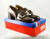 Size 6.5 Brown 60s Loafers - Never Worn 1960s Mod Shoes - 60s Wet Look Vinyl Pumps - Double Silvertone Buckle - NOS in Box - 6 1/2 AA Narrow