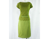 Size 2 Olive Green Cocktail Dress - Daisy Flower Lace & Chiffon - XS 1960s Avocado Sheath - Cap Sleeves - Spring - 60s Mid Century Modern
