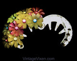 50s Rhinestone Flowers Ponytail Holder - 1950s Hair Clip Accessory - Spring Pastel Rainbow Flexible Plastic Daisy - Colorful Round Barrette