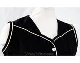 Size 8 50s Summer House Dress - 1950s Black Cotton Button-Front - Girl Next Door Tailoring with White Piping - Waist 26 - NWT Deadstock