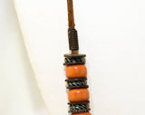 1970s Burnt Orange Necklace - Hippie 70s Art Glass Beads & Metal - Bohemian Fired Glazed Clay on Leather Cord - Artisan Made Boho Chic