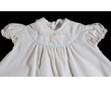 Daisy Embroidered 1950s Infant Dress - Size Newborn Baby Dress - 50s 60s Spring Frock - White Cotton & Blue Piping - Puffed Sleeve - 49918