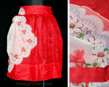 Charming 50s Sheer Red Apron with Handkerchief Pocket - Size Large - Waist 30 to 34 - Half Apron - Floral Roses - Cottage Chic - 40923
