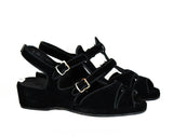 Size 4.5 Black 1940s Casual Sandals - 40s Peep Toe Suede Shoes - Small Size 4 1/2 Open Toe Platform - Buckle Strap Wedges - NOS Deadstock