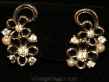 Pretty Floral Motif Necklace & Earrings by Lisner - Silvertone Silver Color Metal - 1950s Demi Parure - Faux Pearls - Rhinestones - 32091-1