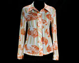 Size 8 70s Shirt - Long Sleeved 1970s Disco Era Casual Top - Scenic Novelty Print Plantations Mansions - Peach Pink Mint Green - Bust 37.5