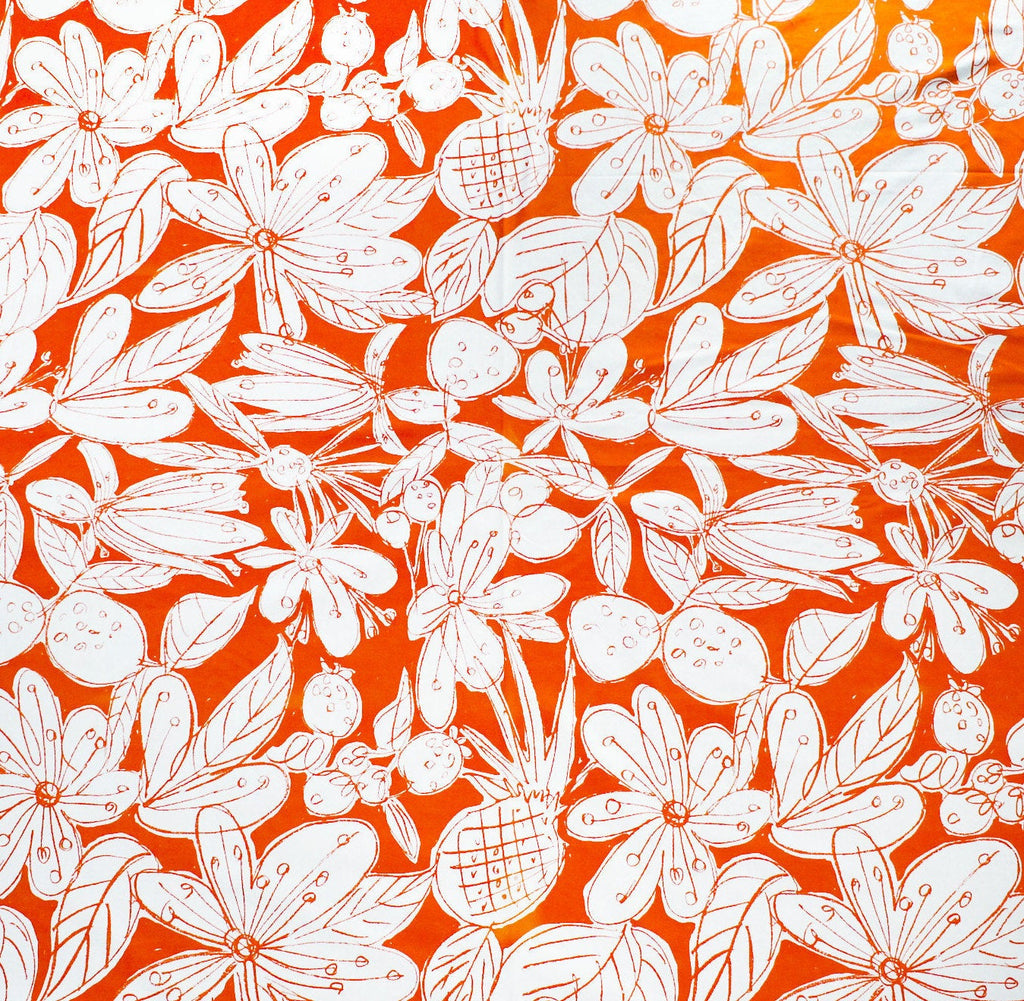 1960s Orange Cotton Canvas - Tropical Floral Fruit Novelty Print - 1.4 Yards x 51 Inches Wide - 60s Summer Tiki - Fresh Vintage Yardage