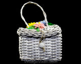 Little Girl's 1960s Box Purse - White Summer Wicker Style 50s 60s Children's Handbag - Pastel Pink Blue & Yellow Plastic Flowers - Doll Size