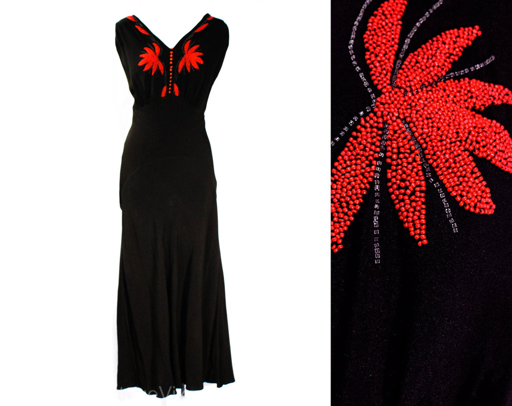 Size 6 Black 1930s Evening Dress with Gorgeous Red Beading - Art Deco Tropical Leaves Beadwork - Late 1920s Early 30s Flapper Party Gown