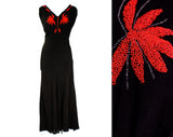 Size 6 Black 1930s Evening Dress with Gorgeous Red Beading - Art Deco Tropical Leaves Beadwork - Late 1920s Early 30s Flapper Party Gown
