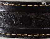 Men's Large Leather Belt with Brass Guitar Buckle - 1960s 70s Dark Brown Tooled Look - Western Cowboy Rock Star - Waist 38 to 40 - 50635