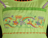 Size 8 Mini Dress - Acid Trip 1960s Lime Green Dollybird - Small Medium 60s Mod Summer Sleeveless - Rag Dolls Embroidery - Bust 34.5