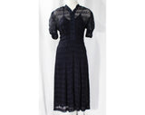 Size 8 1930s Dress - Sheer Navy Blue Voile with Scalloped Embroidery - Authentic 30s Frock & Original Slip - Plastic Bow Buttons - Bust 37
